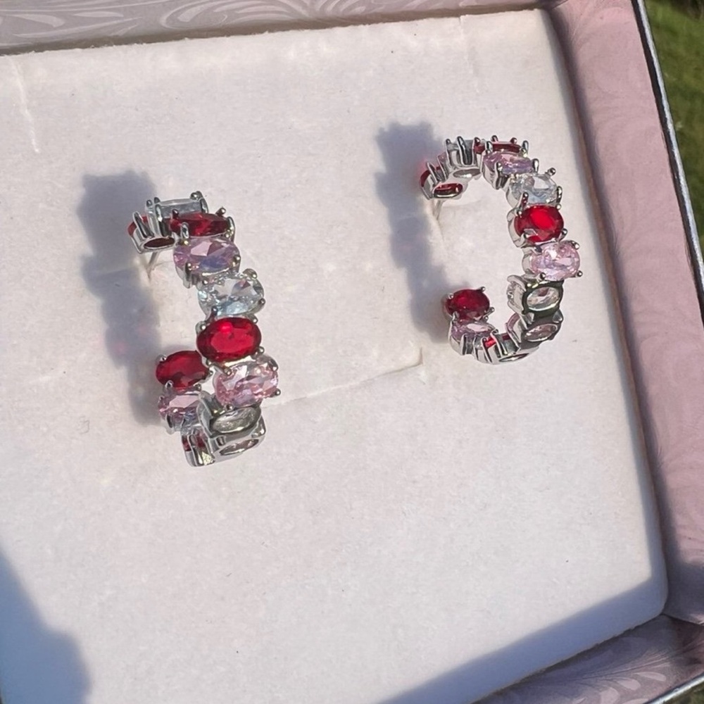 Gorgeous Silver Plated Ruby Clear Crystal Earring… - image 4